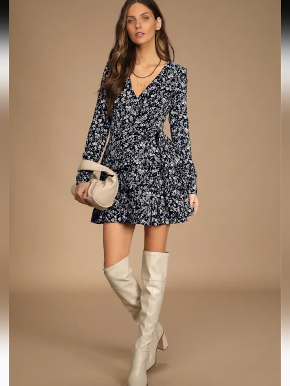 Lulu's Navy and Cream Floral Long-Sleeve Wrap Dress